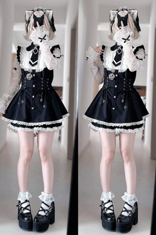 Lace-up Jirai Dress + Shorts + Sleeves + Brooch