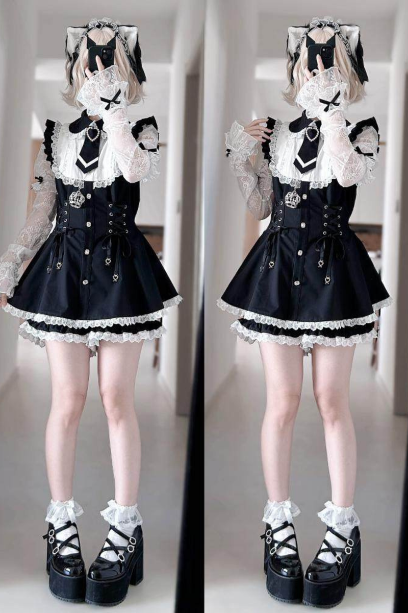Lace-up Jirai Dress + Shorts + Sleeves + Brooch