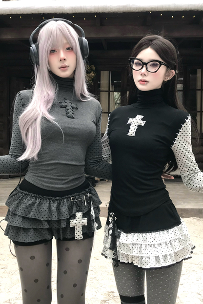 Cross Dot Turtleneck Top + Skirt + Pendant
