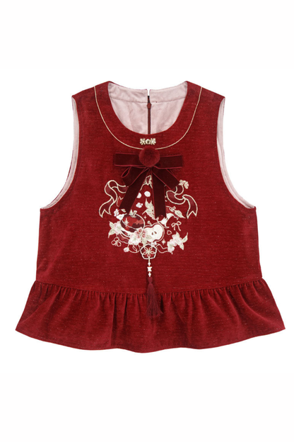 Chinese-style Dark Red Vest + Dress + Ear Cuffs
