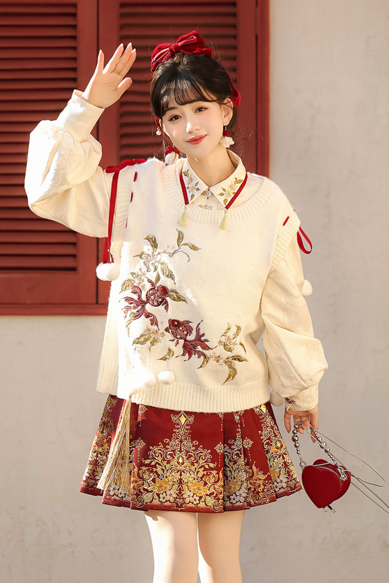 China Snow Knit Vest + Shirt + Skirt