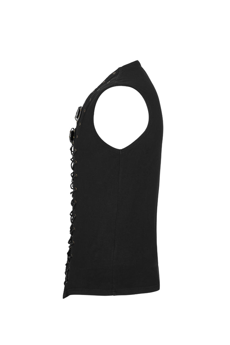 Black V-neck Chest Leather Hasp Metal Rings Cross Lace-up Punk Vest