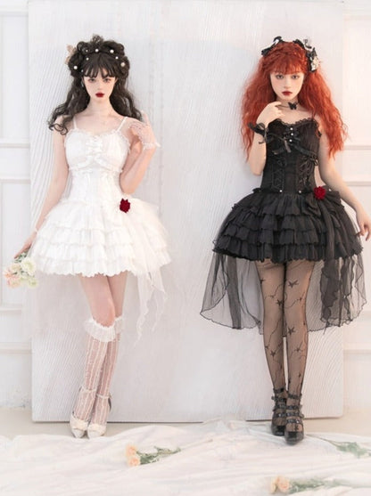 Rose Ribbon Tulle Lace Up Tiered Cami Dress
