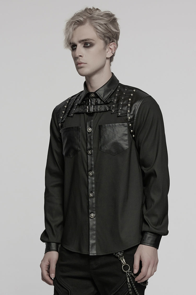 Black Lapel Collar Long Sleeves Faux Leather Stitching Buckle Punk Blouse