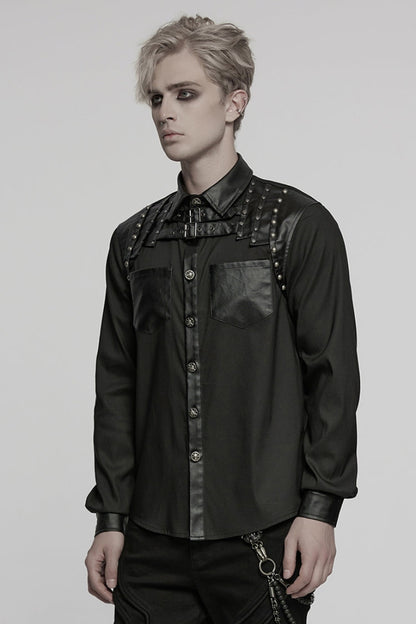 Black Lapel Collar Long Sleeves Faux Leather Stitching Buckle Punk Blouse