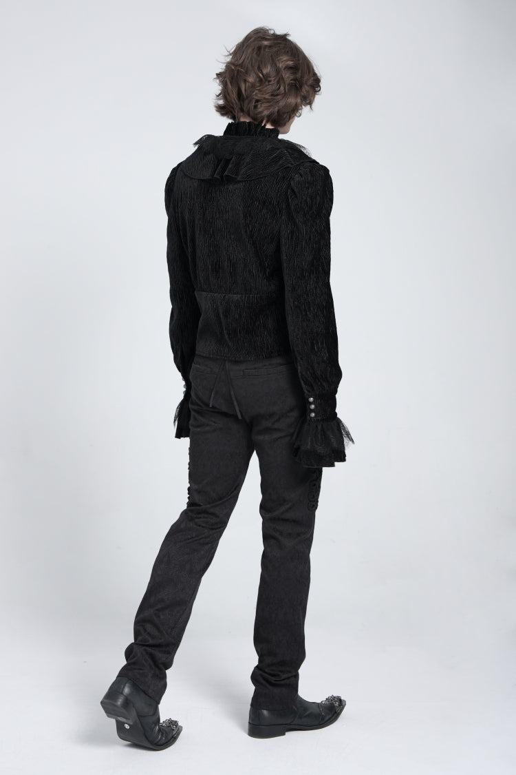 Black V Collar Long Sleeves Ruffle Stitching Lace Gothic Blouse