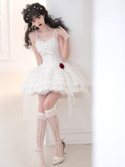 Rose Ribbon Tulle Lace Up Tiered Cami Dress