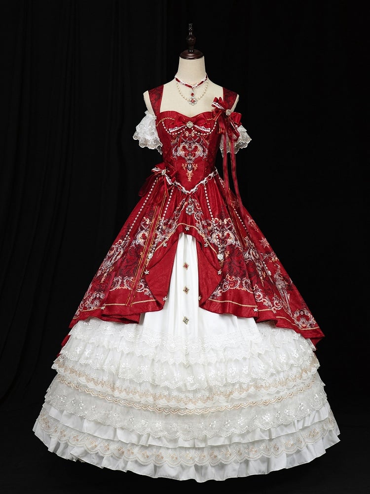 [pre-order Deadline: May 3] Red White Corset Lace Ribbon Lolita Jks Princess Dress + Complete Set
