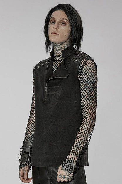Black Punk Stand Collar Anterior Middle Asymmetry Design Zipper Shoulder Decorate Webbing Vest