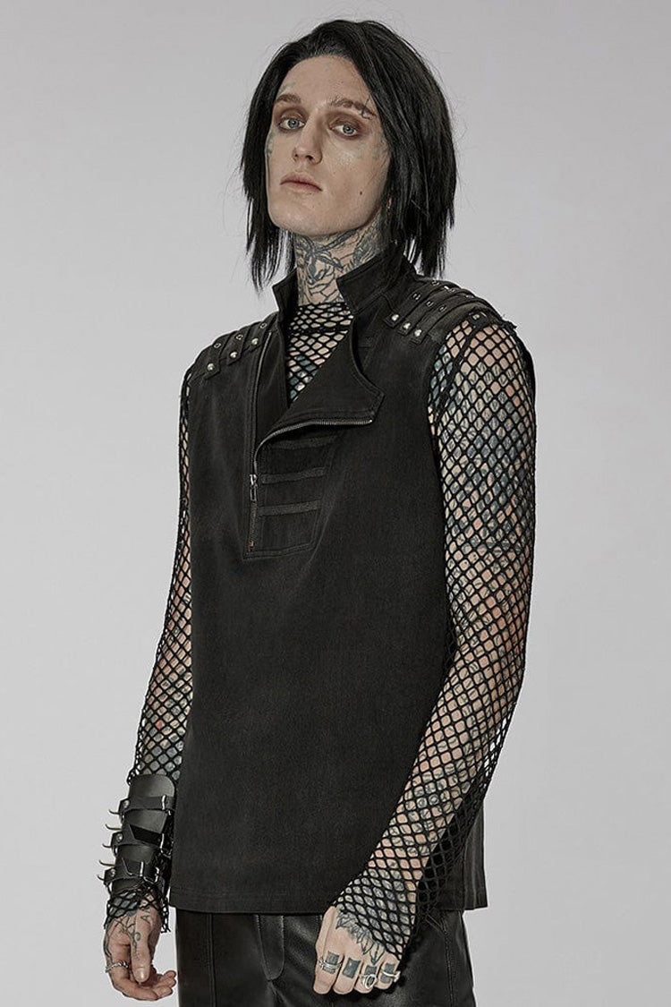 Black Punk Stand Collar Anterior Middle Asymmetry Design Zipper Shoulder Decorate Webbing Vest