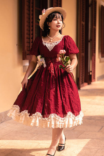 Wine Square Collar Short Sleeves Multi-layer Ruffled Classic Lolita Op Dress