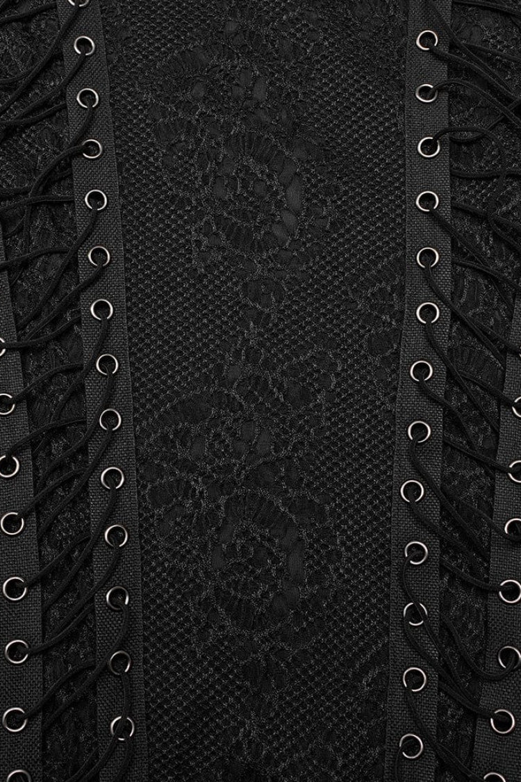 Black Round Collar Long Sleeves Jacquard Symmetrical Rope Gothic T-shirt