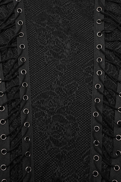 Black Round Collar Long Sleeves Jacquard Symmetrical Rope Gothic T-shirt