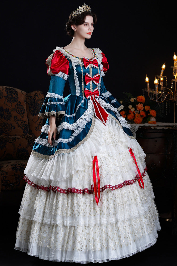 Blue/ivory Round Collar Long Hime Sleeves Triple-layered Ruffled Open-front Bow Lace Classic Palace Lolita Victorian Dress