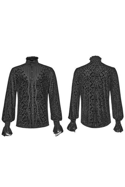 Black High Collar Lantern Sleeve Front Metal Retro Button Flounce Cuff Velveteen Knit Gothic Shirt