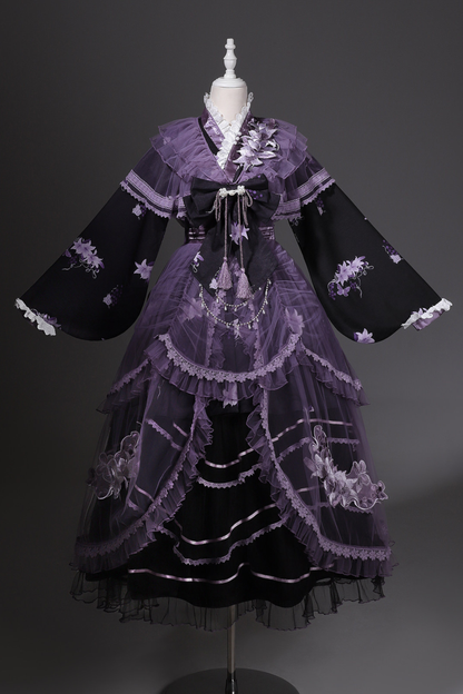 Dark Chinese-style Cross Collar Dress + Overdress + Skirt