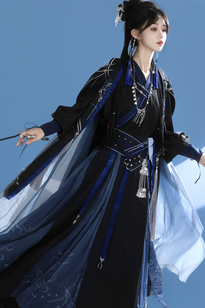 Dark Chinese-style Hooded Top + Belt + Cape + Necklace + Skirt