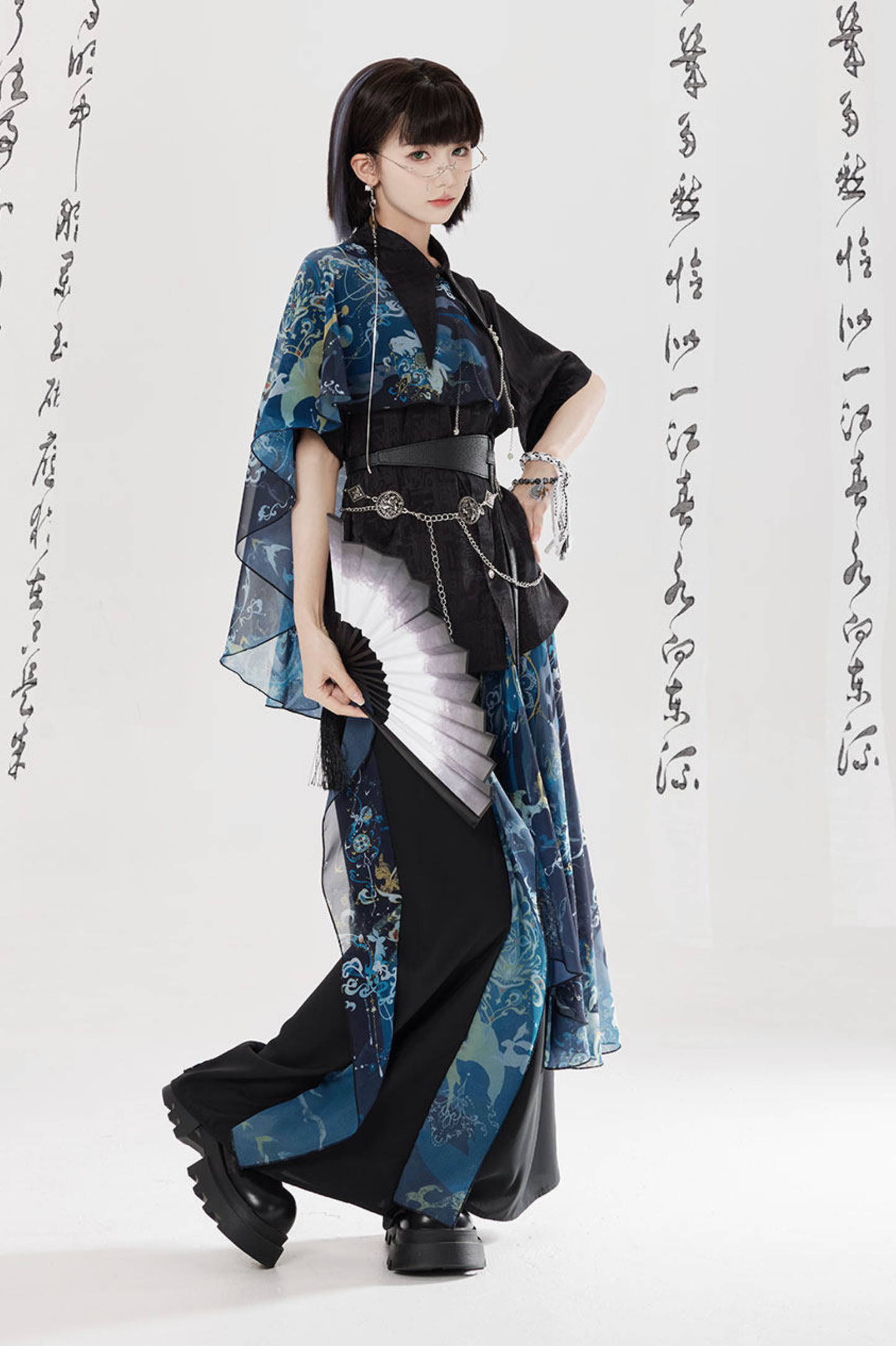 Dark Chinese-style Shirt + Wide Leg Pants + Chain + Belt