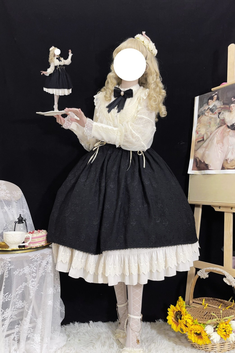 Retro Lolita Shirt + Lace-up High-waist Lolita Skirt