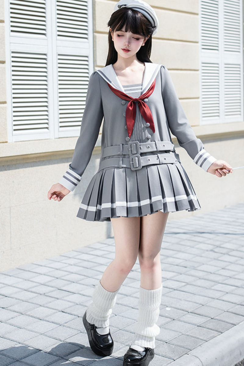 Sailor Collar Pleated College Dress + Ribbon + Hat