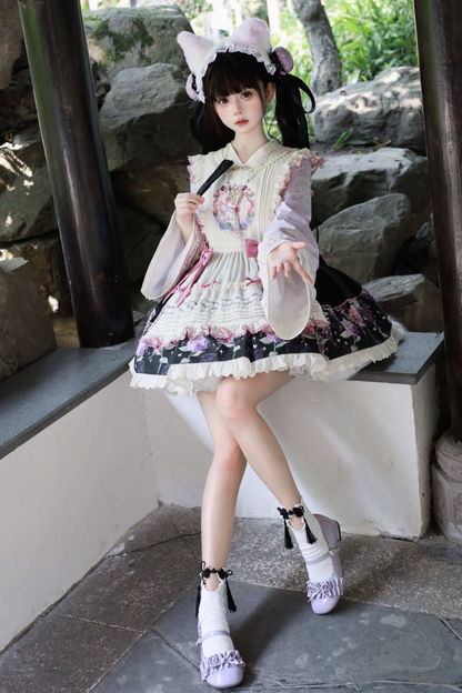 Chinese-style Lolita Top + Skirt + Apron + Headband + Bonnet