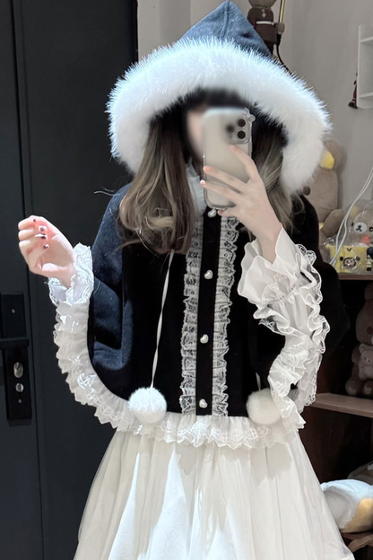 Fur Hooded Mantle + Tops + Skirt
