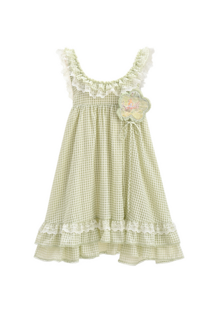 Lace Retro Doll Shirt + Gingham Plaid Sleeveless Dress