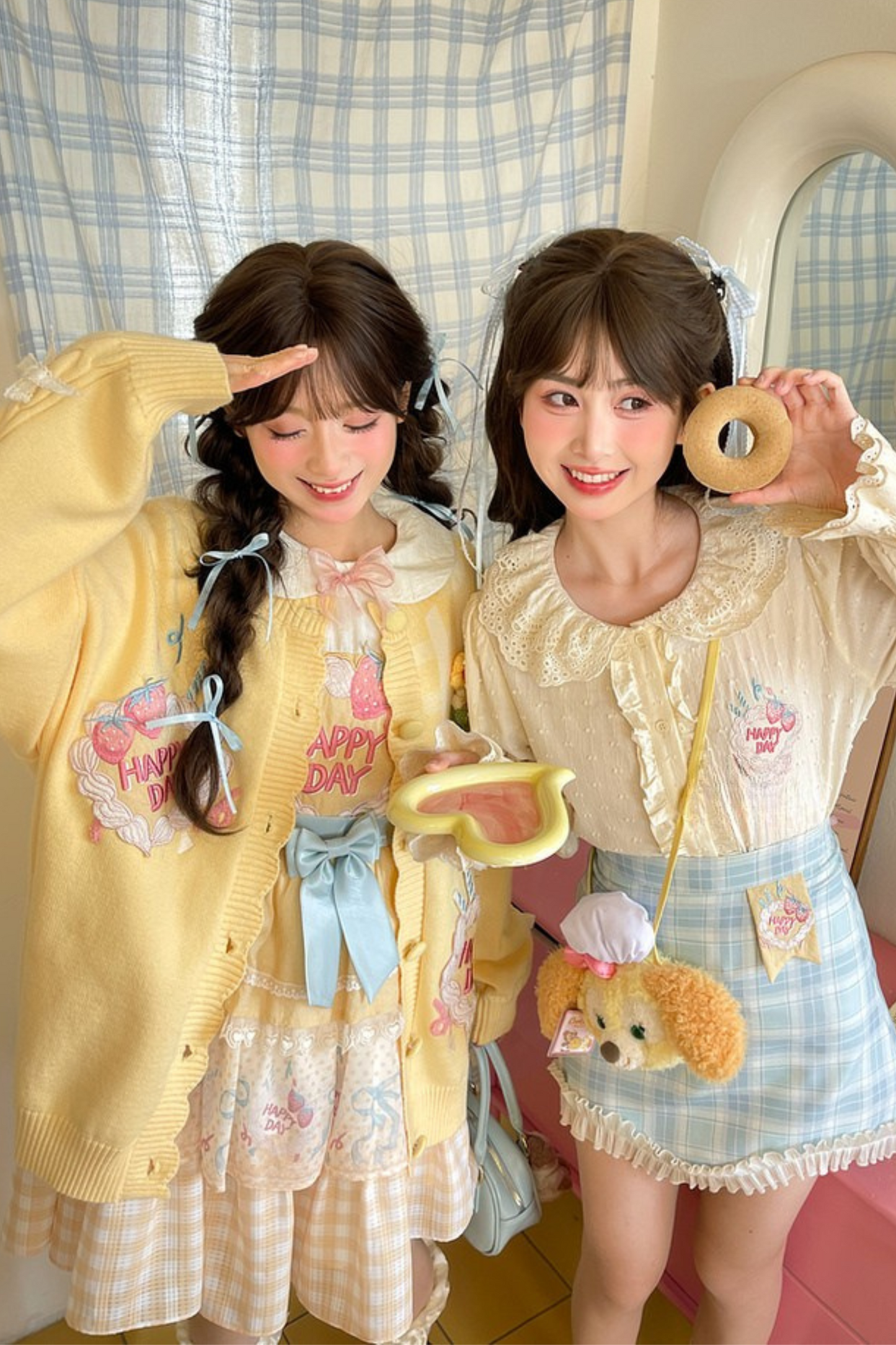 [pre-order] Strawberry Shortcake + Plaid High Waist Skirt + Custard Cardigan