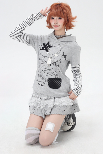 Striped Fake Two Piece Hooded Top