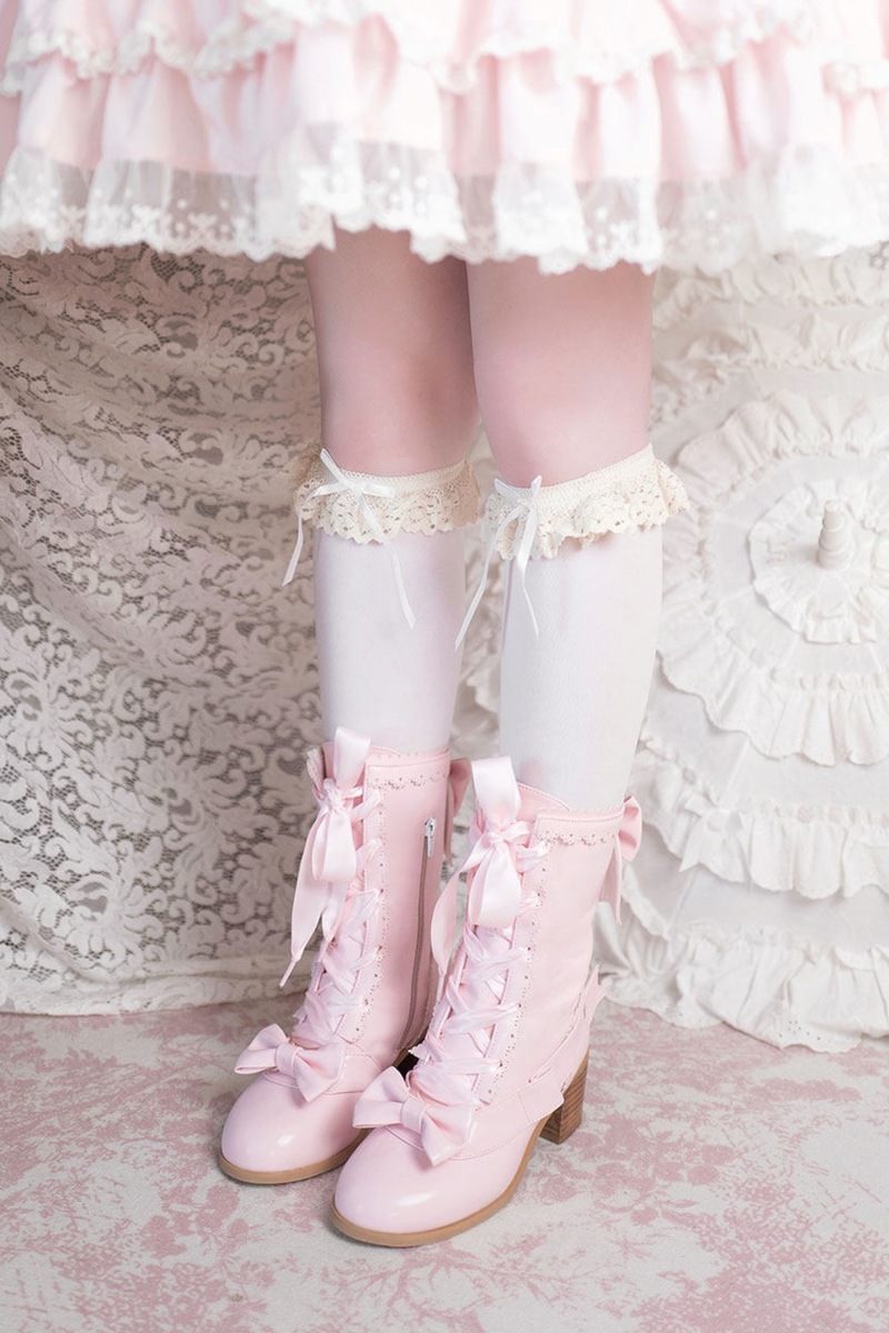 Ribbon Lace Up Mid Calf Boots