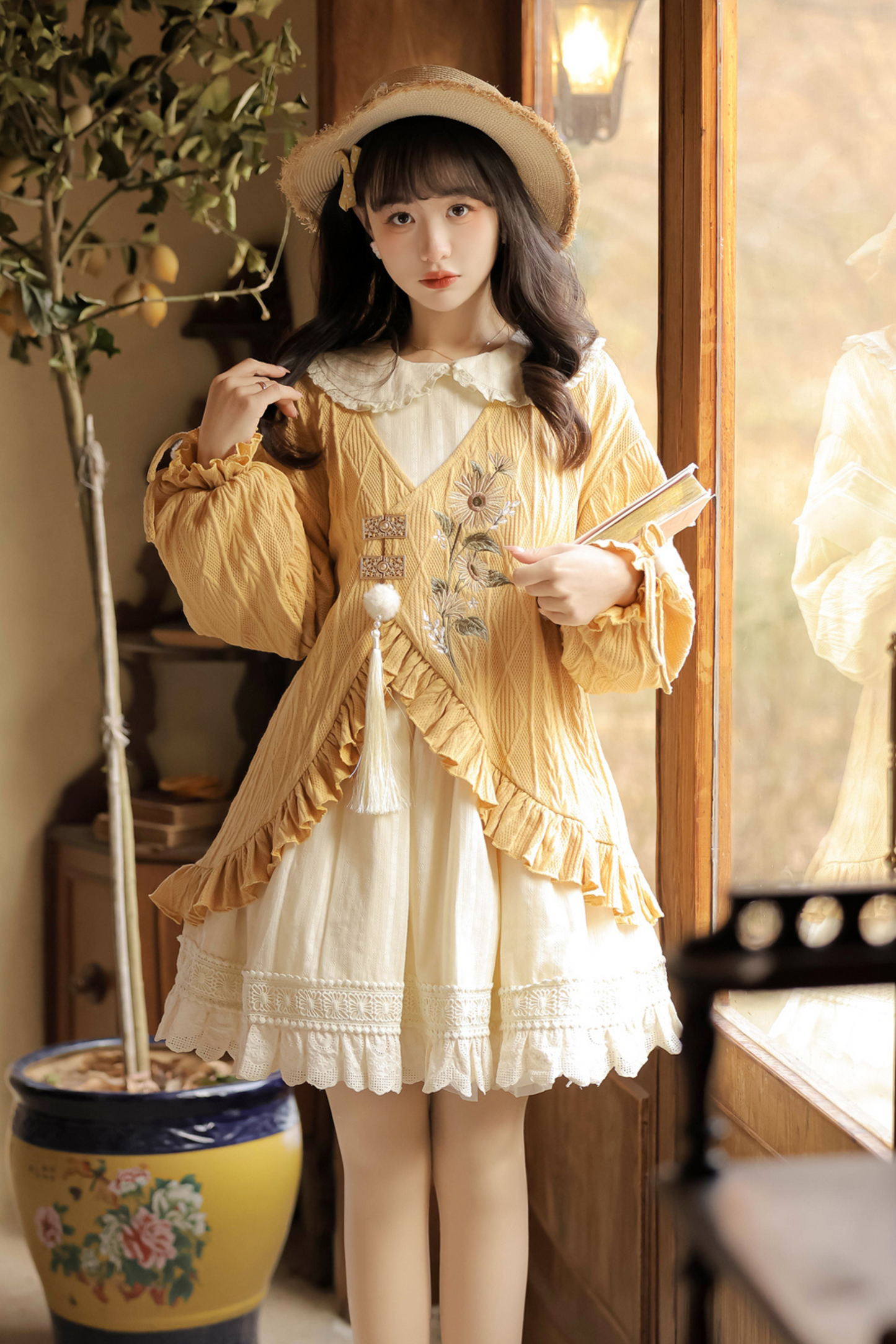 Retro Flower Chinese-style Cardigan + Flared Doll Collar Dress