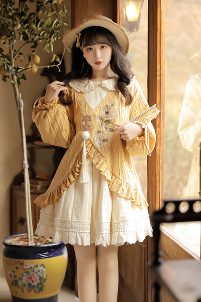 Retro Flower Chinese-style Cardigan + Flared Doll Collar Dress