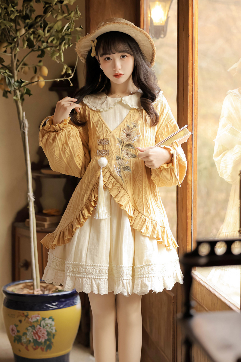 Retro Flower Chinese-style Cardigan + Flared Doll Collar Dress