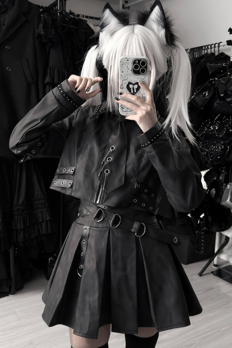 Gothic Matte Leather Dark Girl Top + Skirt