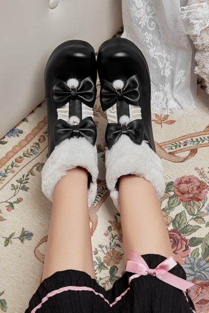 Double Ribbon Fur Short Boots