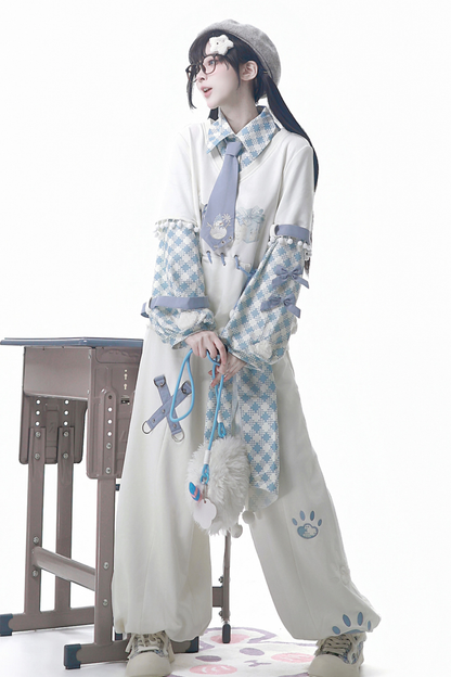 Digital Plaid Top + Wide Pants + Belt + Tie