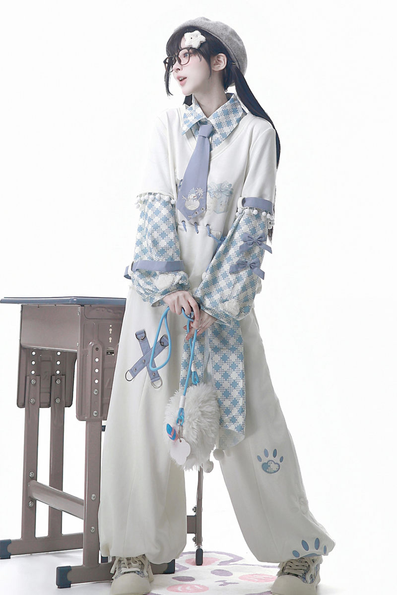 Digital Plaid Top + Wide Pants + Belt + Tie