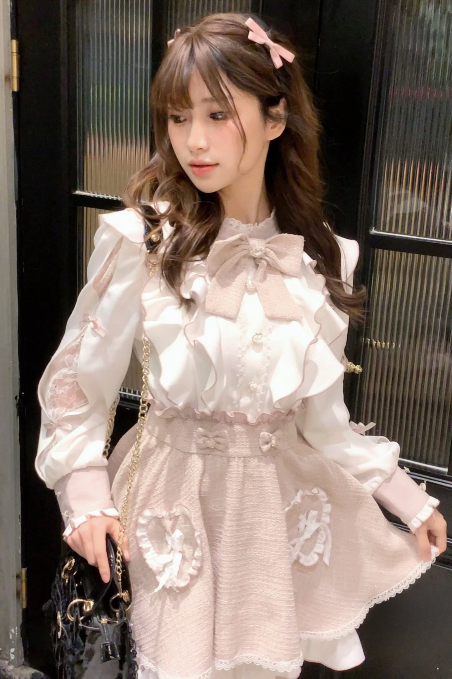 Lace Shoulder Ribbon Blouse + Skirt