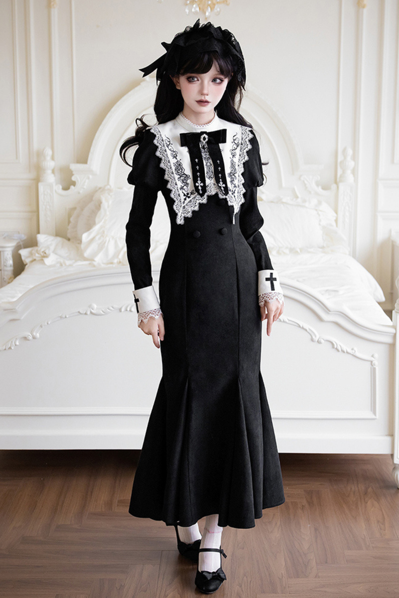 Mermaid Dress + Lace-up Short Dress + Cloak + Collar + Ribbon Brooch