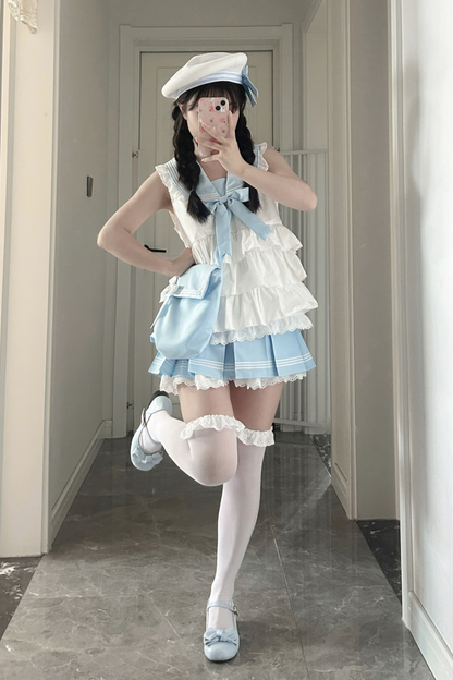 Sailor Ribbon Marine Top + Pleated Layered Skirt