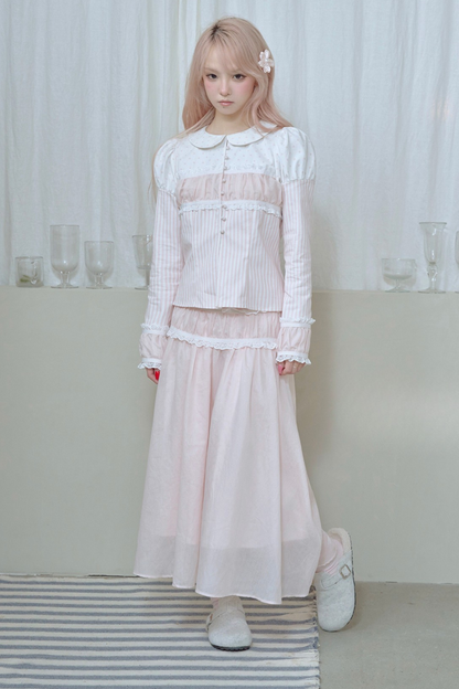 Striped Doll Collar Puff Sleeve Shirt