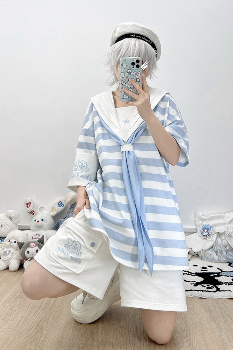 [angel Style] [pre-order] Striped Sailor Collar Subculture Top + Shorts