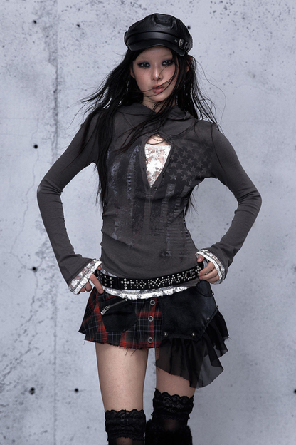 Lace Patchwork Tight Hooded Hoodie