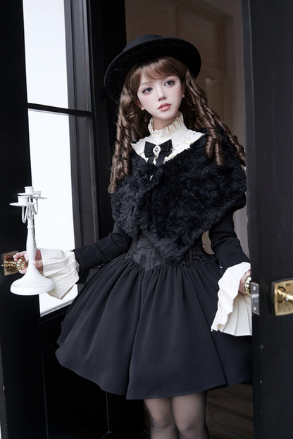 [pre-order] Dark Sweet Lolita Dress + Faux Collar + Necklace + Jacket + Ribbon + Sleeve + Fur Shawl