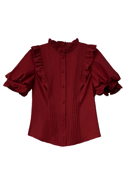 [pre-order] Wine Red Puff Sleeve Shirt + Balloon Jumper Skirt