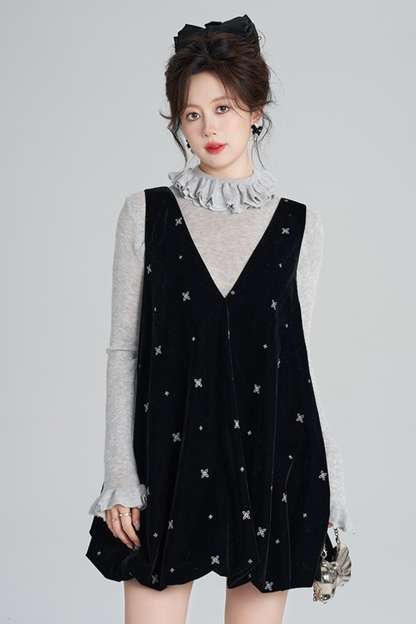 French Black Velvet Ribbon Balloon Dress