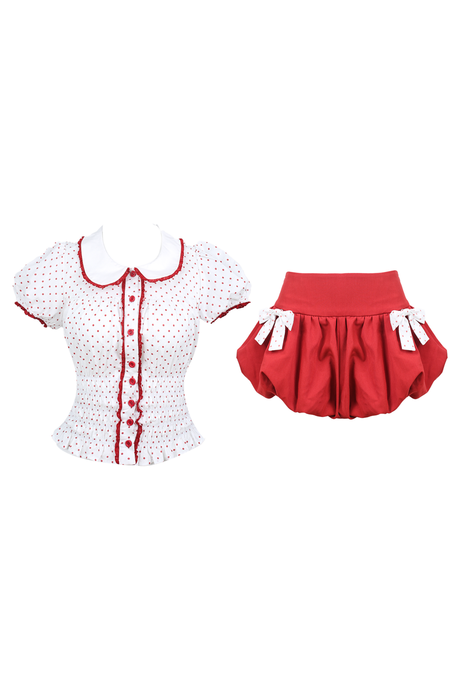 Polka Dot Puff Sleeve Doll Shirt + Ribbon Balloon Skirt Pants