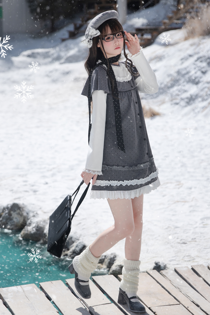 Gray Polka Dot Doll Dress + Beret