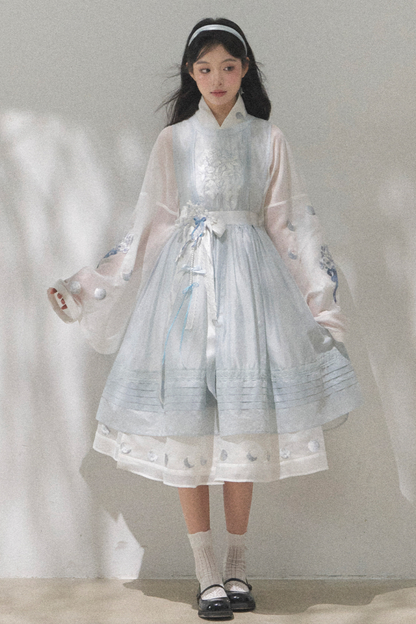 Pure White Chinese Dress + Cover Apron + Belt