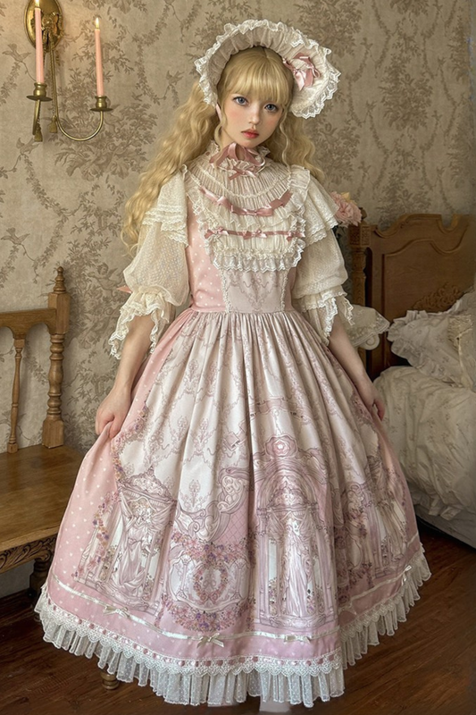 [pre-order Deadline: April 26] Rococo Lace Pink Classic Lolita Dress + Apron + Bonnet